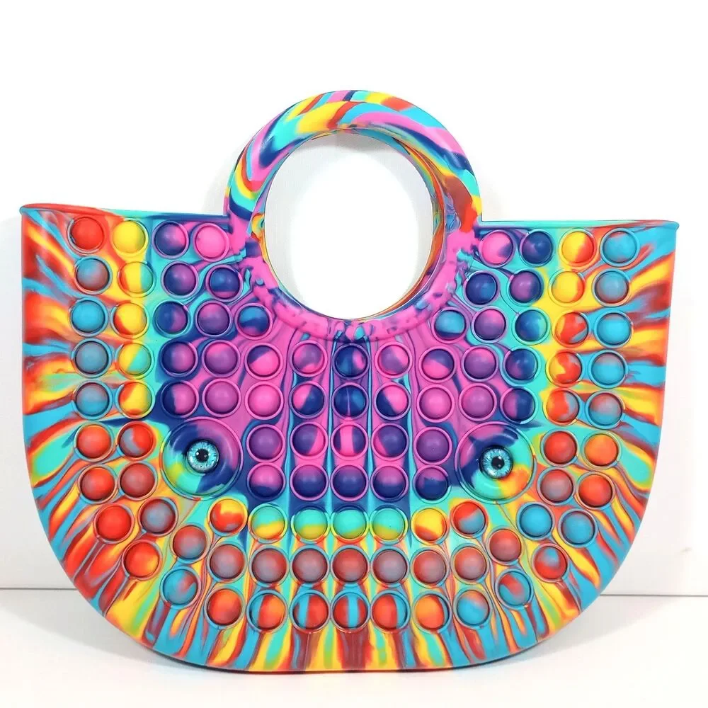Tie Dye Pop It Fidget Purse Tote Bag Silicone Bubble Sensory Toy Multi Color